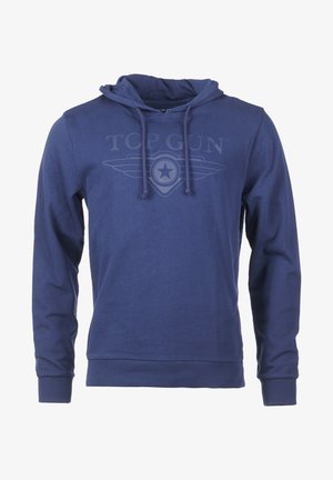 Dunkelblauer Kapuzenpullover mit Kordelzug, versehen mit einem verblassten "TOP GUN"-Logo und Flügel-Design. Aus weichem Stoff mit gerippten Bündchen und Saum gefertigt.