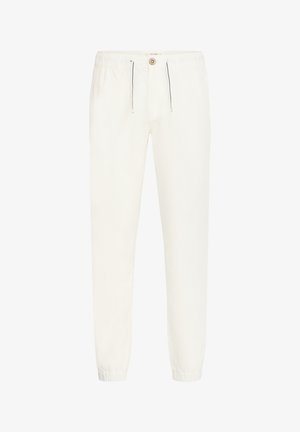 Pantalons blancs légers en tissu doux. Dotés d'une taille élastique avec cordon de serrage, fermeture à bouton et poignets côtelés.
