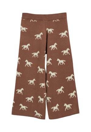 Bruine gebreide broek met wijde pijpen met een herhaald patroon van witte paarden silhouetten over de hele stof.