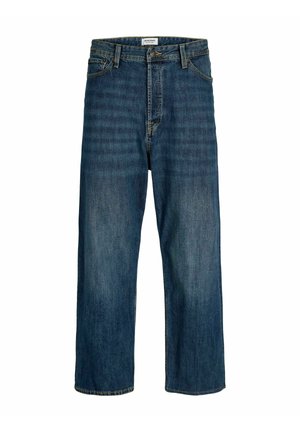 Jeans aus Denim in einer dunkelblauen Waschung mit geradem Bein. Zu den Merkmalen gehören ein Knopfverschluss, Gürtelschlaufen und gestickte Akzente.