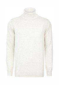 Jasno beżowy sweter z golfem wykonany z miękkiego dzianiny. Posiada ribbowany kołnierz i długie rękawy. Prosty i elegancki design.