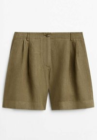 Olive green linen shorts with a loose fit, featuring front pleats, a single button closure, and rolled hems. Smooth texture, minimalist design.