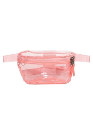 Průhledná růžová ledvinka s dvojitým zipem a nastavitelným popruhem, umístěná uprostřed na bílém pozadí.