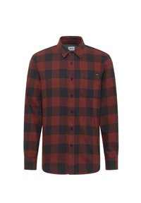 Rød og sort ternet flannel skjorte, lange ærmer, knaplukning foran, enkelt brystlomme, bomuldsstof, standard krave, blød tekstur.