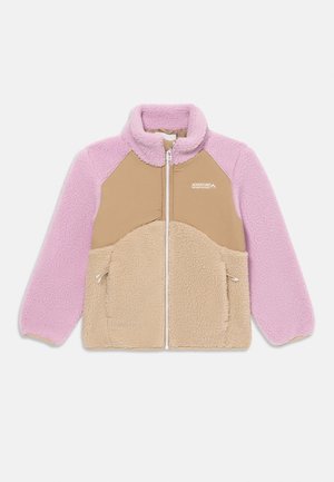 Giacca in pile con colletto alto. Parte superiore in rosa chiaro, parte inferiore in marrone chiaro. Presenta una zip frontale e due tasche inferiori.