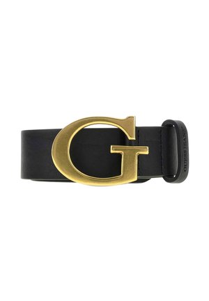 Ceinture en cuir noir avec une grande boucle en métal doré en forme de lettre G et une boucle en cuir embossée du nom de la marque.