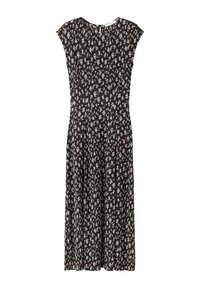 Rochie midi neagră cu imprimeu mic floral alb, mâneci scurte tip capac și decolteu rotund.