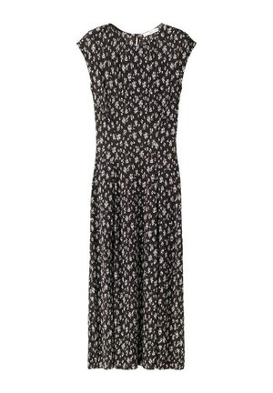 Černé midi šaty s drobným bílým květinovým vzorem, krátkými zakončenými rukávy a kulatým výstřihem.