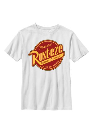 Biały t-shirt z krótkim rękawem z czerwono-żółtym okrągłym logo z napisem "Medicated Rust-eze Bumper Ointment Rear End Formula."