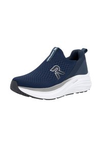 Chaussure de sport bleu marine à enfiler avec dessus en maille respirante, semelle en mousse blanche, embout noir et languette de traction au talon et à la languette.