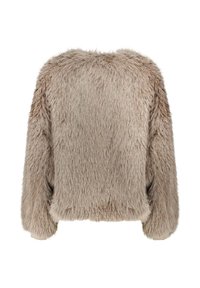 Giacca in ecopelliccia beige chiaro con una texture morbida e ispida; presenta maniche lunghe e un orlo arrotondato, per un aspetto accogliente.