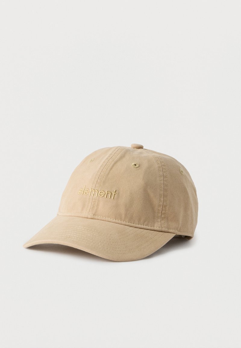 Casquette de baseball en coton beige avec une visière incurvée et le mot « element » brodé sur le devant, présentée sur un fond blanc uni.