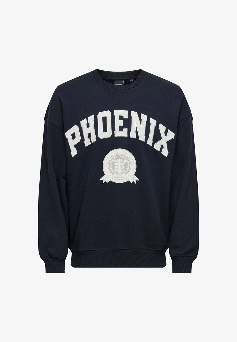 Námořnická modrá mikina se bílým nápisem "PHOENIX" a kruhovým emblémem pod ním, který uvádí "COLLEGE OF ARTS". Hladké manžety a lem.
