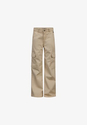 Beige cargo pants made of cotton, featuring a straight leg design, two side pockets, and front button closure. Smooth texture, classic fit.