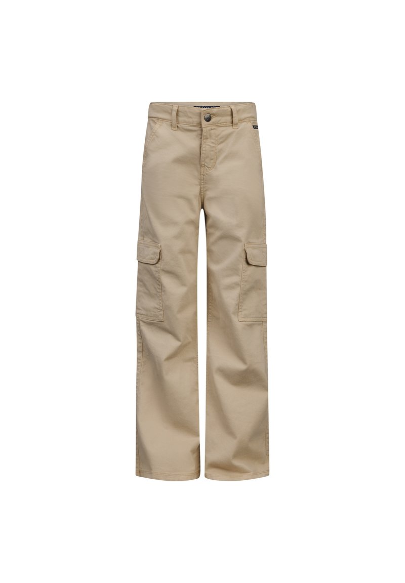 Beige cargo broek gemaakt van katoen, met een rechte pijpuitvoering, twee zijzakken en een sluiting met knoop aan de voorkant. Glad textuur, klassieke pasvorm.