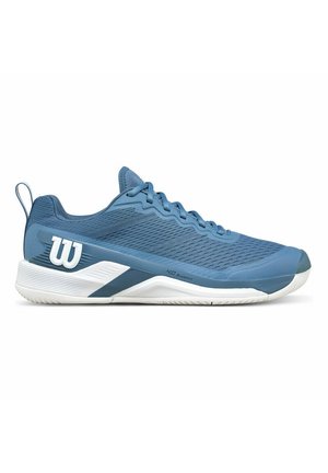 Chaussure de sport bleue avec semelle blanche, dessus en tissu mesh, design à lacets et grand logo "W" blanc sur le côté.