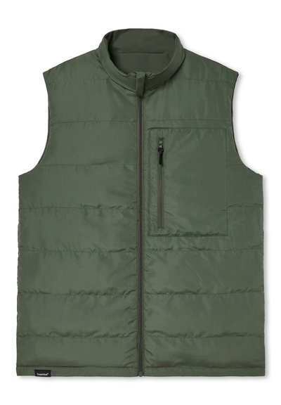 Zelená vesta s polstrováním, vysokým límcem, plným předním zipem a kapsou na zip na hrudi. Hladká tkanina s prošívanými částmi pro izolaci.