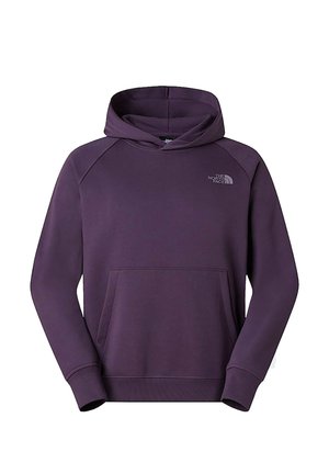 Felpa con cappuccio color viola scuro con tasca frontale e piccolo logo bianco "The North Face" sul petto sinistro.