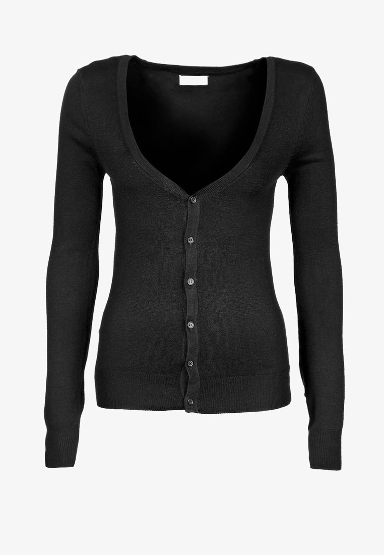Gilet noir ajusté à manches longues avec un profond décolleté en forme de goutte et six boutons sur le devant.