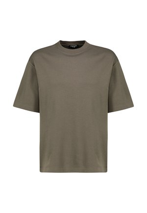 Olive green cotton T-shirt with a round neckline, short sleeves, and a relaxed fit. Smooth texture with no visible patterns or accents.