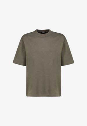 Olivgrünes Baumwoll-T-Shirt mit rundem Halsausschnitt, kurzen Ärmeln und lockerer Passform. Glatte Textur ohne sichtbare Muster oder Akzente.