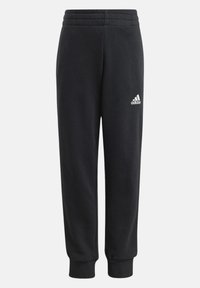 Pantalones de chándal negros, hechos de una tela suave, con un corte ajustado, cinturilla elástica y logo blanco de Adidas en la pierna izquierda.