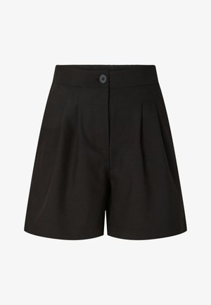 Μαύρες ψηλόμεσες tailored σορτς με πιέτες μπροστά, κλείσιμο με κουμπί και ομαλή υφή υφάσματος.