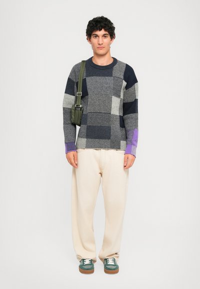 Joven que lleva un suéter de pata de gallo azul marino y gris con puños morados, pantalones crema, zapatillas verdes y una pequeña bolsa cruzada verde.