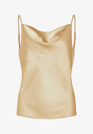 Saténová top bez rukávů v světlé béžové barvě, s tenkými ramínky a volným výstřihem. Hladká textura bez viditelných vzorů nebo kovových detailů.