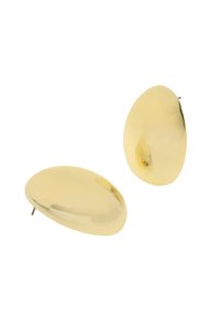 Gouden studoorbellen met een gladde, ovale vorm en reflecterend oppervlak. Lichtgewicht ontwerp met zichtbare oorbelpinnen aan de achterkant.