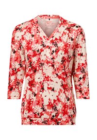 Floral top with a V-neck, three-quarter sleeves. Made of lightweight fabric featuring a pattern of red, pink, and black flowers on a cream background.