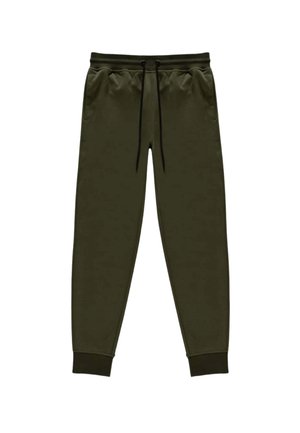 Pantaloni da jogging verde scuro con cintura elastica, coulisse nere, tasche laterali e polsini a coste alle caviglie su sfondo bianco.