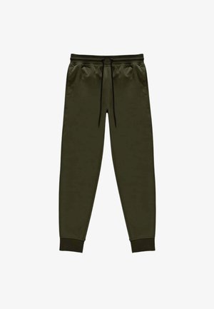 Pantaloni da jogging verde scuro con cintura elastica, coulisse nere, tasche laterali e polsini a coste alle caviglie su sfondo bianco.