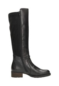 Botte en cuir et daim noir montante, avec une fermeture éclair sur le côté, légèrement texturée, et un talon en bois empilé. Présente des accents matériels minimaux.