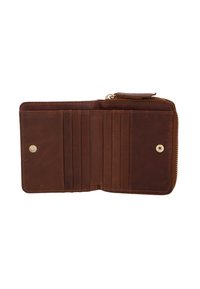 Portafoglio in pelle marrone con chiusura a zip e pulsante a scatto. Caratterizzato da più slot per carte, una texture liscia e un design minimalista.