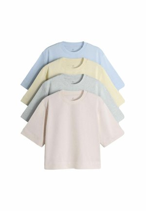 Four plain short-sleeve crew neck t-shirts stacked, in pastel pink, gray, yellow, and light blue colors on a white background.