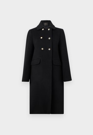 Μαύρο διπλόφερετο μακρύ παλτό με χρυσά κουμπιά, γιακά με λοξά σκισίματα, δύο εμπρόσθιες τσέπες με καπάκι και μακριά μανίκια σε σκέτο φόντο.