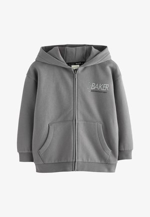 Grå lynlås-hoodie med hætte, kængurulommer, ribstrikkede manchetter og "BAKER NINETEEN EIGHTY EIGHT"-logo på venstre bryst.