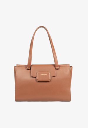 Sac tote en cuir marron avec deux poignées, de forme rectangulaire, fermeture à bouton magnétique, et logo embossé "Lancaster Paris".