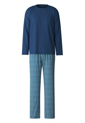Maglietta a maniche lunghe blu navy con taschino sul petto abbinata a pantaloni blu a fantasia. Tessuto morbido, vestibilità comoda e vita elastica sui pantaloni.