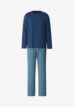 Navy long-sleeve top with a chest pocket paired with blue patterned pants. Soft fabric, relaxed fit, and elastic waistband on pants.