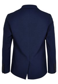 Granatowa marynarka męska z długimi rękawami, rozcięciem z tyłu oraz czterema guzikami na każdym mankiecie, pokazana od tyłu.