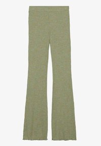 Pantalons évasés verts en texture côtelée avec une taille élastique, présentant un subtil motif multicolore sur l'ensemble du tissu.
