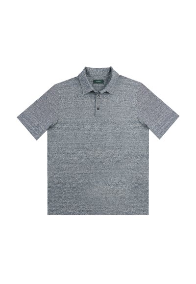 Koszulka polo z krótkim rękawem w melanzowym niebieskim kolorze, z teksturowanym wykończeniem, trzema guzikami i haftowanym kołnierzykiem. Miękki, lekki materiał.