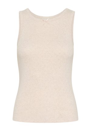 Beige ärmlös topp i texturerad tyg, med rund halsringning och en liten dekorativ rosett. Topp med figurnära silhuett.
