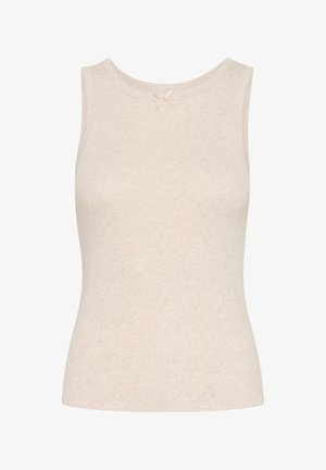 Beige sleeveless top made of textured fabric, featuring a round neckline and a small decorative bow accent. Fitted silhouette.