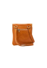 Borsa a tracolla in pelle color cuoio con finitura liscia, dotata di tasca anteriore con zip, tracolla regolabile e design minimalista.