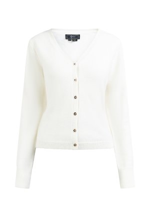 White cardigan made from soft fabric, featuring a V-neck, front buttons, and ribbed cuffs and hem. Simple, clean design.