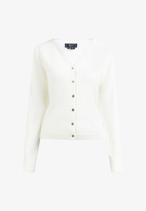 Fehér kardigán, puha anyagból készült, V-nyakú, elülső gombokkal és bordás mandzsettákkal és aljjal. Egyszerű, letisztult dizájn.