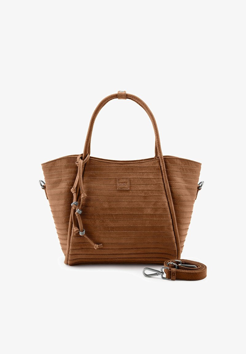 Bolso tote de ante marrón con costuras horizontales, doble asa, nudos decorativos con anillas metálicas y una correa larga desmontable con cierres metálicos.